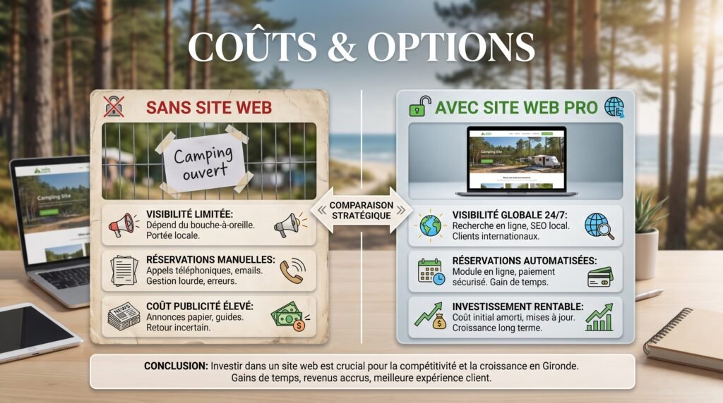 Schéma comparatif réaliste avec texte sur avantages site internet camping