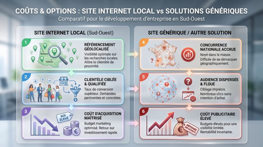 Schéma comparatif réaliste avec texte sur avantages site internet local