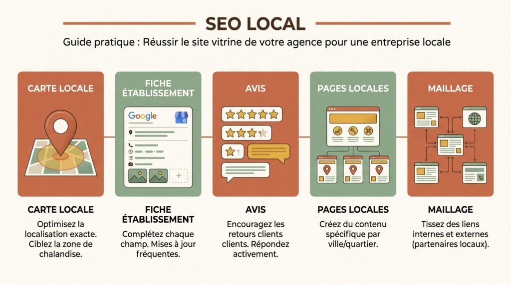 Infographie méthode avec texte sur comment réussir site vitrine agence pour une entreprise locale