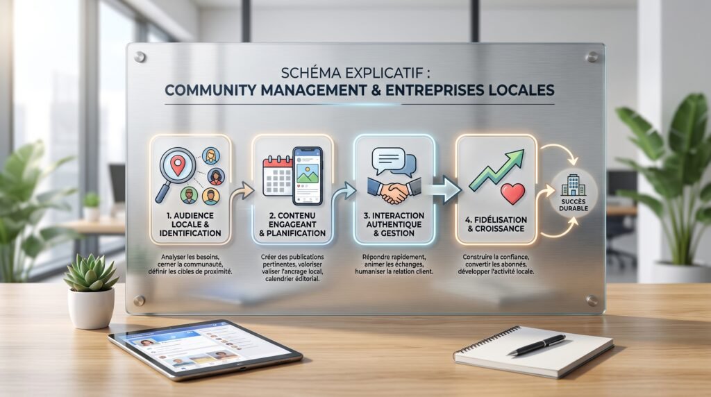 Schéma explicatif réaliste avec texte sur community management entreprises locales