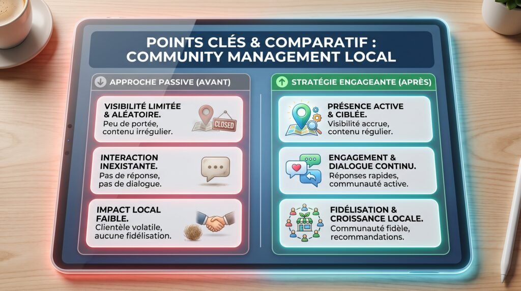 Schéma comparatif réaliste avec texte sur community management entreprises locales