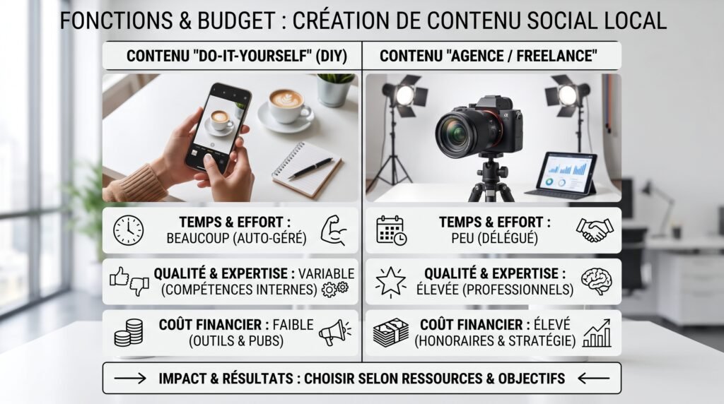 Schéma comparatif réaliste avec texte sur création contenu réseaux sociaux