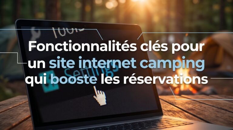 Image de couverture stylisée avec titre pour l’article Fonctionnalités clés pour un site internet camping qui booste les rés…