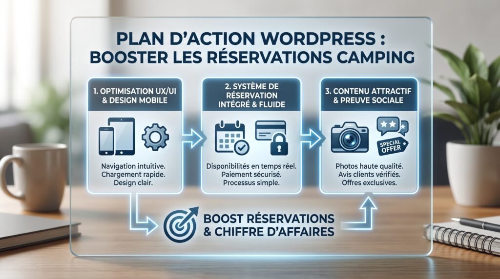 Schéma explicatif réaliste avec texte sur fonctionnalites site internet camping