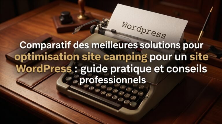 Image de couverture stylisée avec titre pour l’article Comparatif des meilleures solutions pour optimisation site camping po…