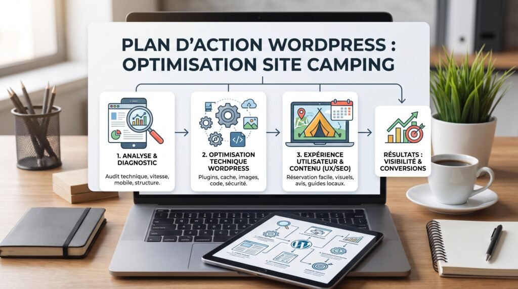 Schéma explicatif réaliste avec texte sur optimisation site camping