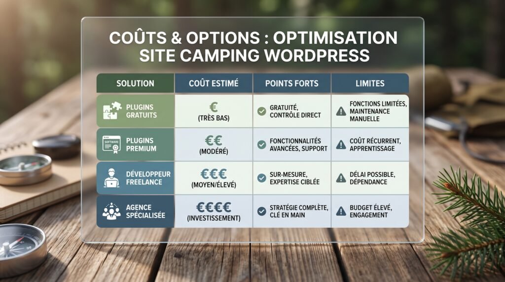 Schéma comparatif réaliste avec texte sur optimisation site camping