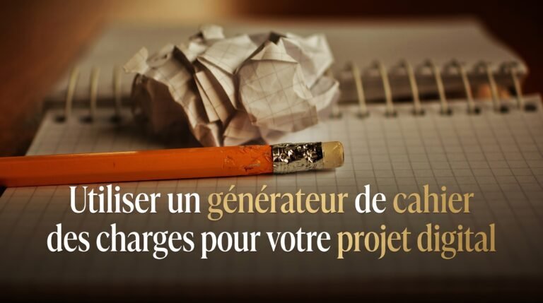 Image de couverture stylisée avec titre pour l’article Utiliser un générateur de cahier des charges pour votre projet d…