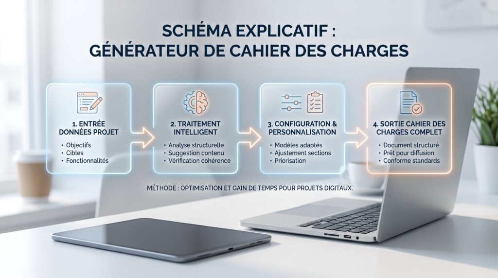 Schéma explicatif réaliste avec texte sur outil création cahier charges