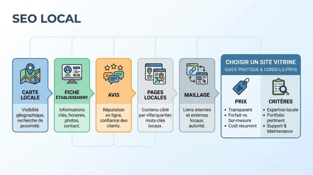 Infographie méthode avec texte sur prix et critères pour choisir site vitrine agence pour une entreprise locale