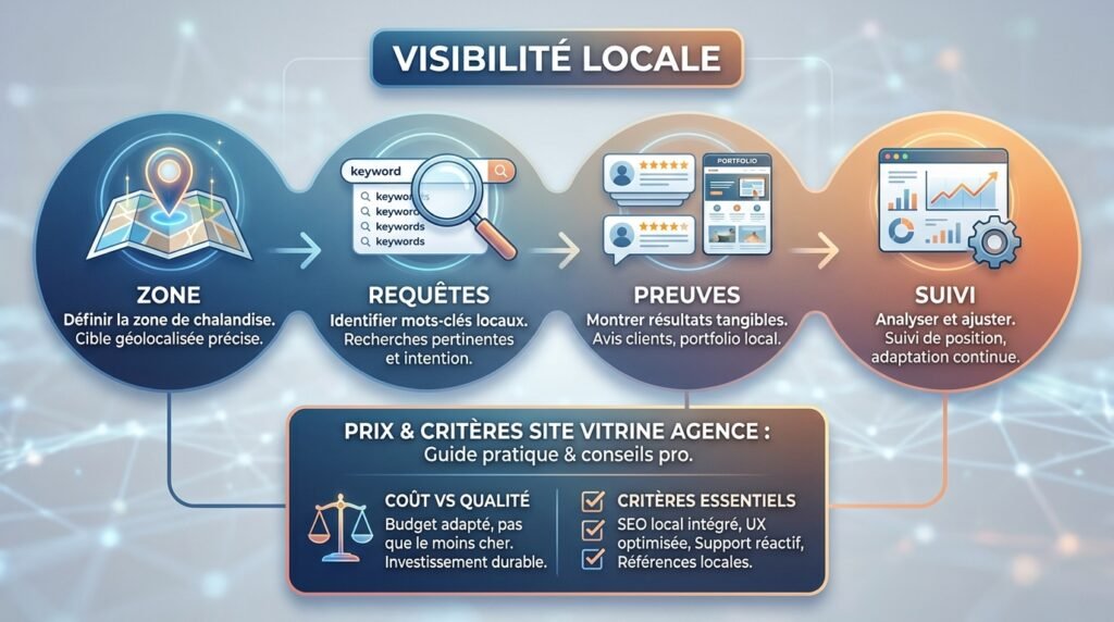 Infographie points clés avec texte sur prix et critères pour choisir site vitrine agence pour une entreprise locale