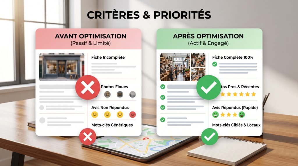 Schéma comparatif réaliste avec texte sur référencement local