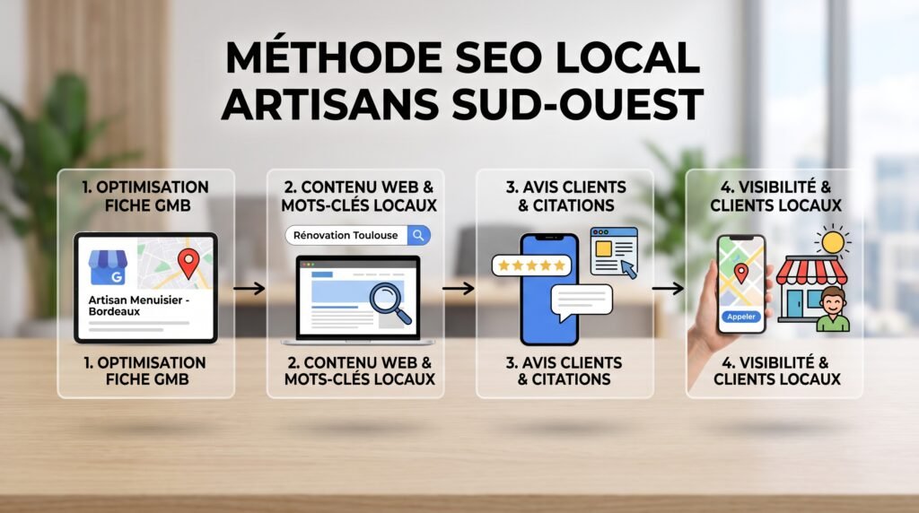 Schéma explicatif réaliste avec texte sur référencement local entreprises artisanales