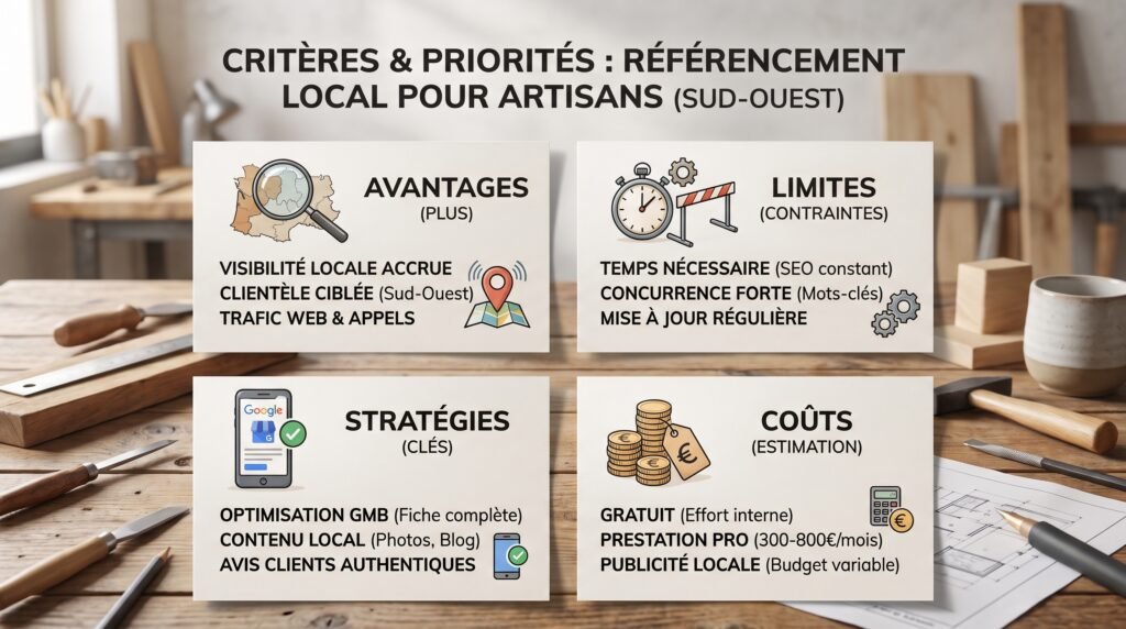 Schéma comparatif réaliste avec texte sur référencement local entreprises artisanales