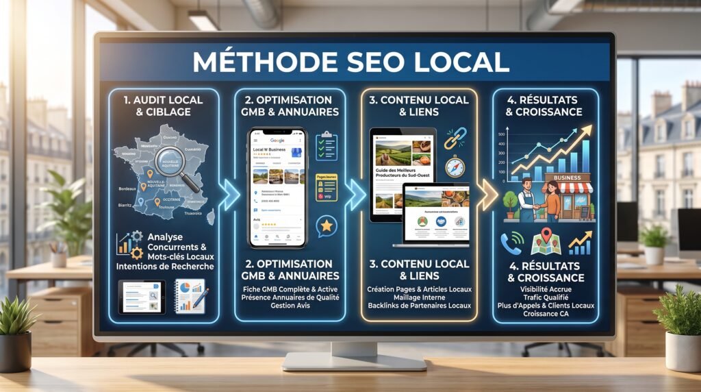 Schéma explicatif réaliste avec texte sur seo local
