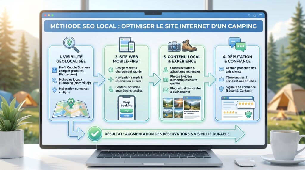 Schéma explicatif réaliste avec texte sur site internet camping