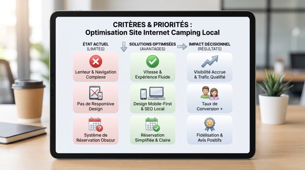 Schéma comparatif réaliste avec texte sur site internet camping