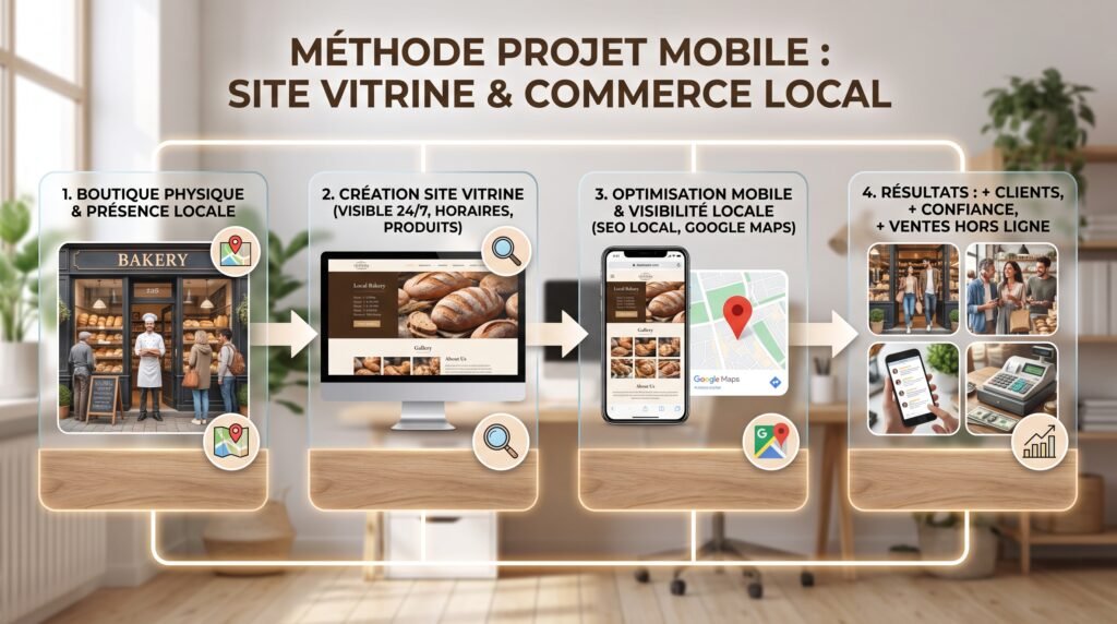 Schéma explicatif réaliste avec texte sur site vitrine commerçants