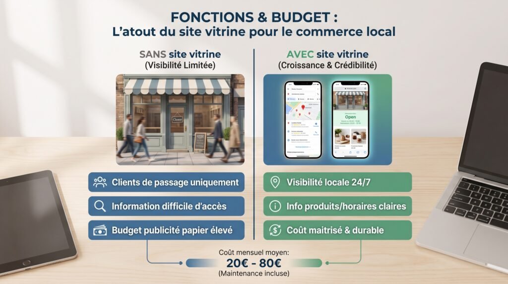 Schéma comparatif réaliste avec texte sur site vitrine commerçants