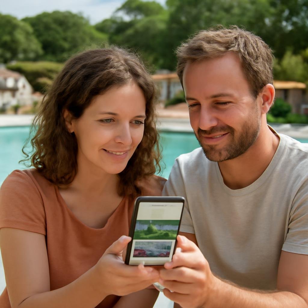 Vacanciers consultant un site de camping sur smartphone au bord d’une piscine